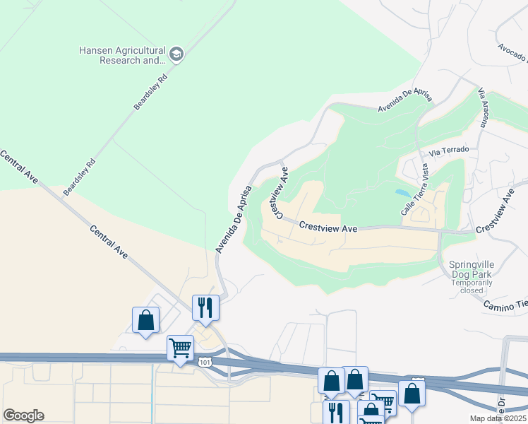 map of restaurants, bars, coffee shops, grocery stores, and more near 1250 Crestview Avenue in Camarillo