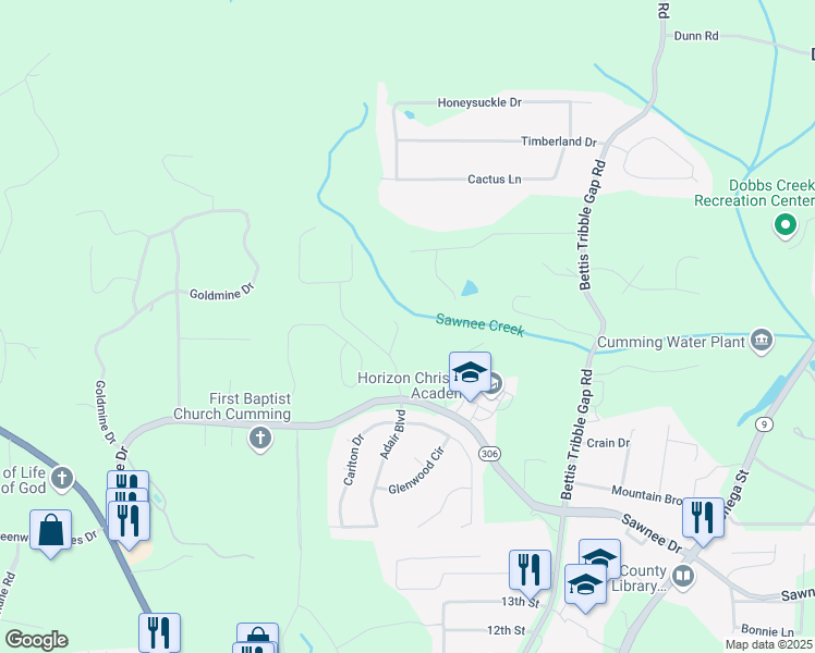 map of restaurants, bars, coffee shops, grocery stores, and more near 1460 Jackson Drive in Cumming