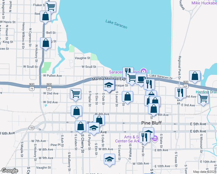 map of restaurants, bars, coffee shops, grocery stores, and more near 704 West Barraque Street in Pine Bluff