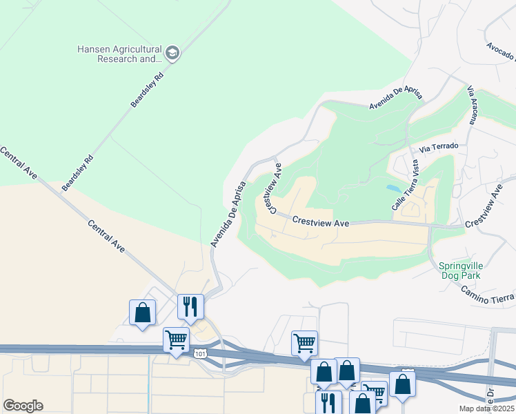 map of restaurants, bars, coffee shops, grocery stores, and more near 1250 Crestview Avenue in Camarillo