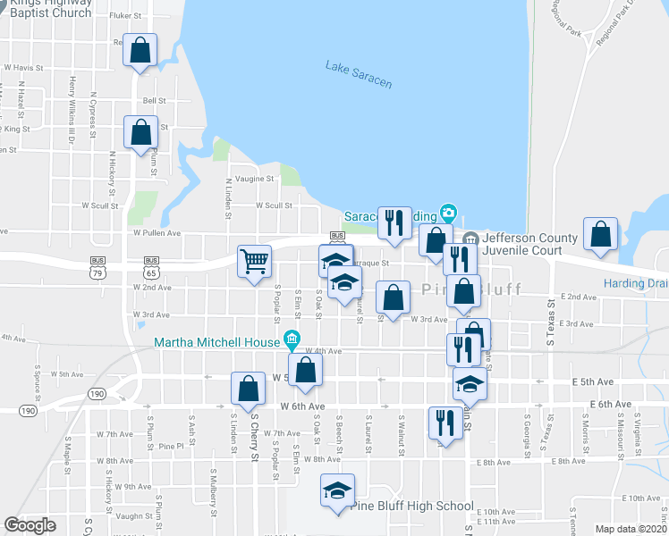 map of restaurants, bars, coffee shops, grocery stores, and more near 704 West Barraque Street in Pine Bluff