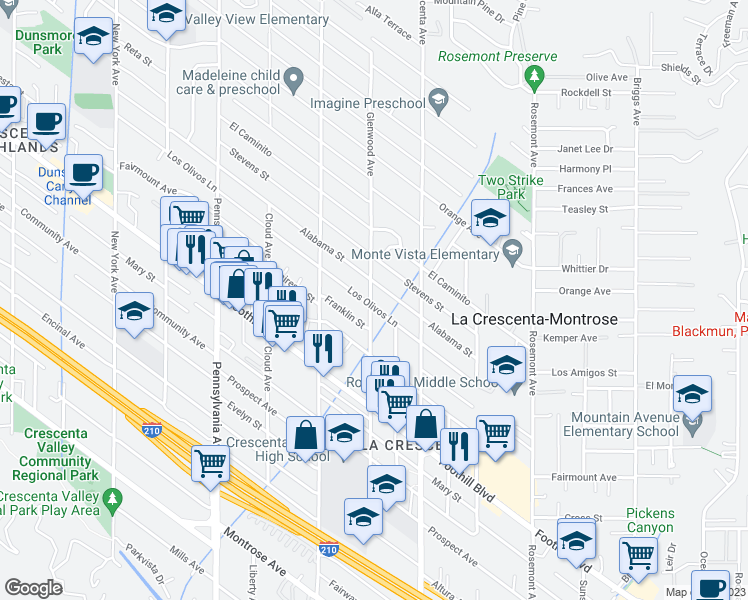 map of restaurants, bars, coffee shops, grocery stores, and more near 2855 Los Olivos Lane in La Crescenta-Montrose