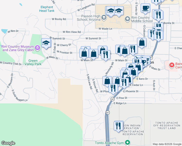 map of restaurants, bars, coffee shops, grocery stores, and more near 905 South McLane Road in Payson