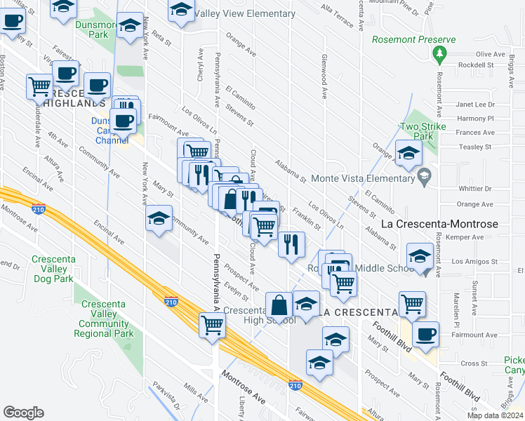 map of restaurants, bars, coffee shops, grocery stores, and more near 3054 Fairesta Street in La Crescenta-Montrose
