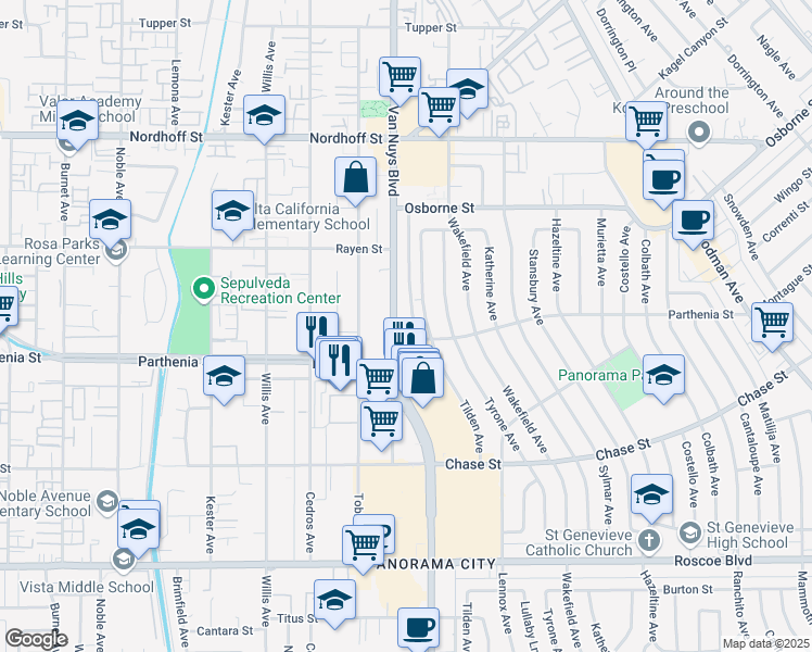 map of restaurants, bars, coffee shops, grocery stores, and more near 8803 Van Nuys Boulevard in Los Angeles