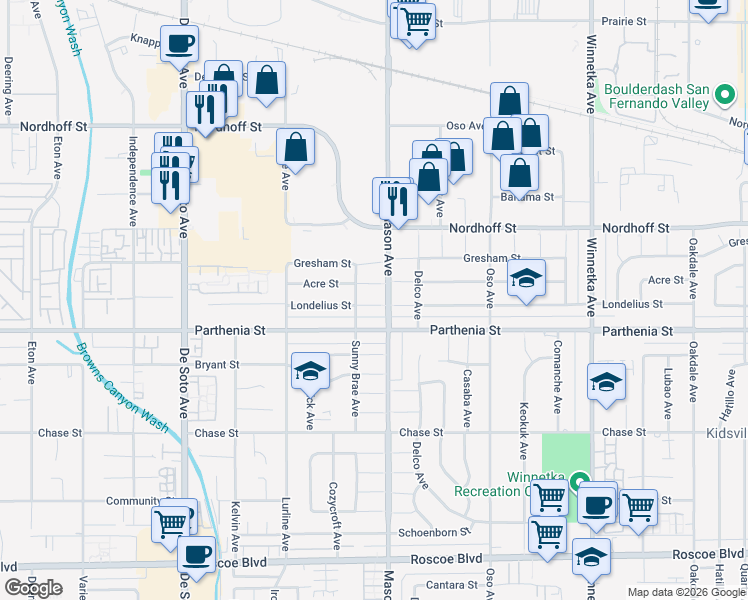 map of restaurants, bars, coffee shops, grocery stores, and more near 20533 Acre Street in Los Angeles