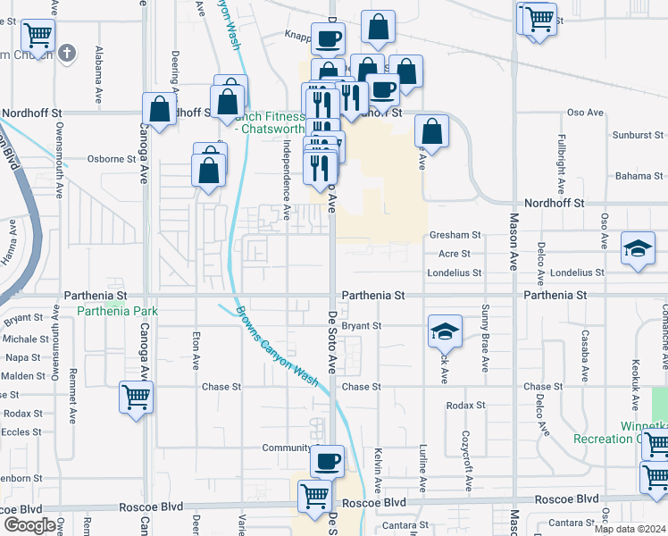 map of restaurants, bars, coffee shops, grocery stores, and more near 20904 Gresham Street in Los Angeles