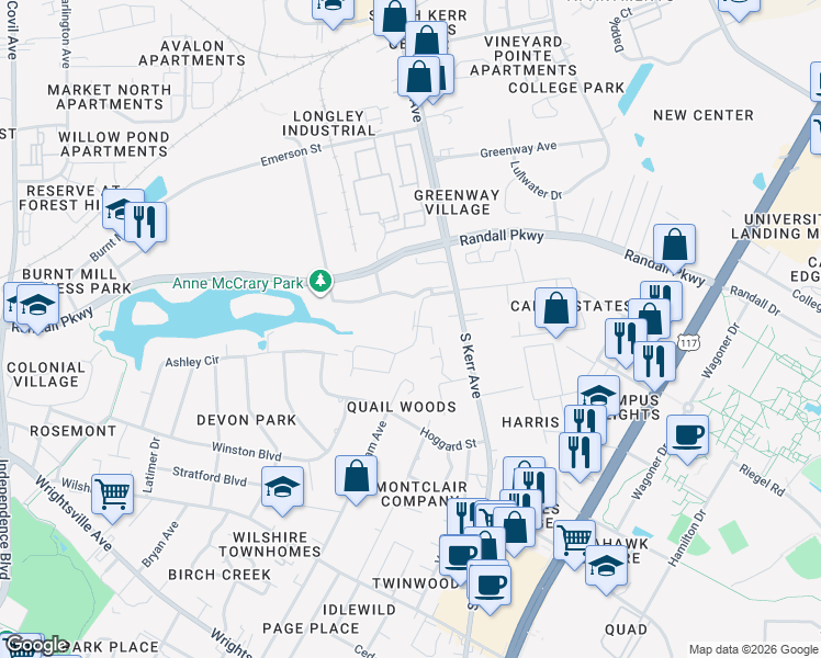 map of restaurants, bars, coffee shops, grocery stores, and more near 400 Mill Creek Court in Wilmington