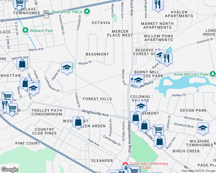 map of restaurants, bars, coffee shops, grocery stores, and more near 721 Forest Hills Drive in Wilmington