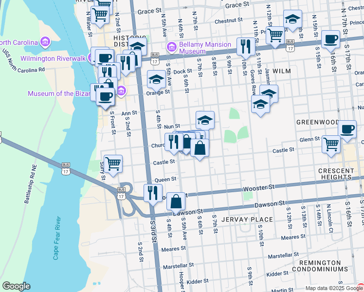 map of restaurants, bars, coffee shops, grocery stores, and more near 418 South 6th Street in Wilmington