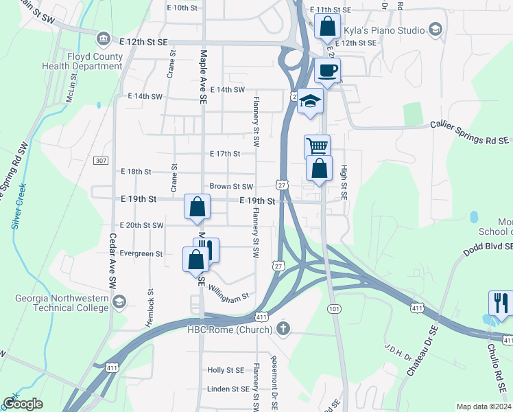 map of restaurants, bars, coffee shops, grocery stores, and more near 1815 Flannery Street Southwest in Rome