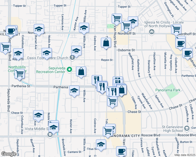 map of restaurants, bars, coffee shops, grocery stores, and more near 8734 Cedros Avenue in Los Angeles