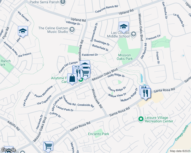 map of restaurants, bars, coffee shops, grocery stores, and more near 1115 Mission Verde Drive in Camarillo