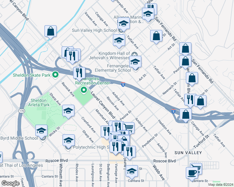map of restaurants, bars, coffee shops, grocery stores, and more near 8816 Amboy Avenue in Los Angeles