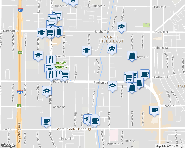 map of restaurants, bars, coffee shops, grocery stores, and more near 15032 Acre Street in Los Angeles