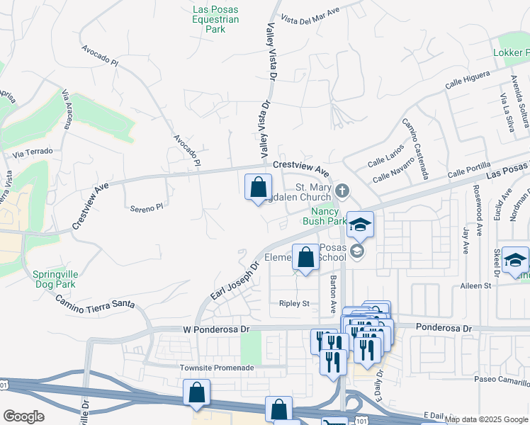 map of restaurants, bars, coffee shops, grocery stores, and more near 122 Calle Vista in Camarillo