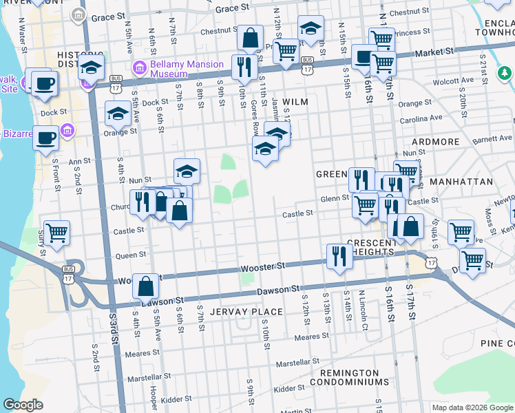map of restaurants, bars, coffee shops, grocery stores, and more near 513 South 10th Street in Wilmington