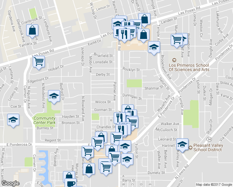 map of restaurants, bars, coffee shops, grocery stores, and more near 1264 Palmer Avenue in Camarillo