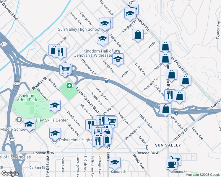 map of restaurants, bars, coffee shops, grocery stores, and more near 12106 Art Street in Los Angeles