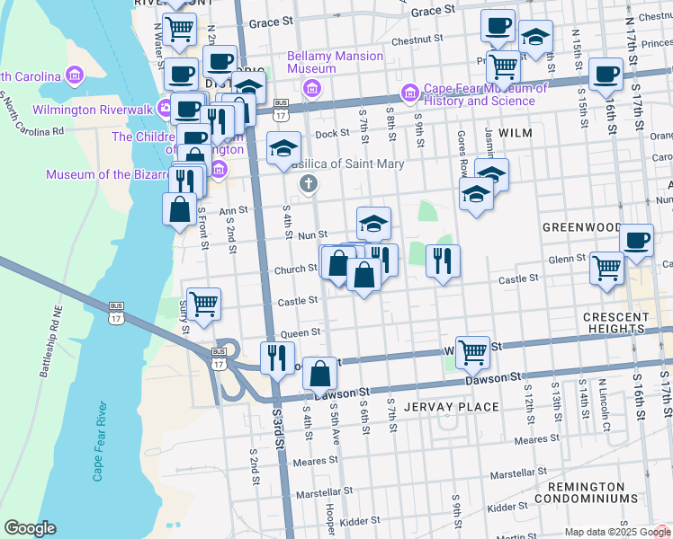map of restaurants, bars, coffee shops, grocery stores, and more near 512 Church Street in Wilmington