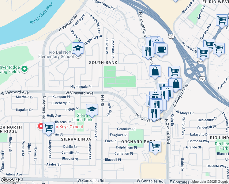 map of restaurants, bars, coffee shops, grocery stores, and more near 712 Nandina Place in Oxnard
