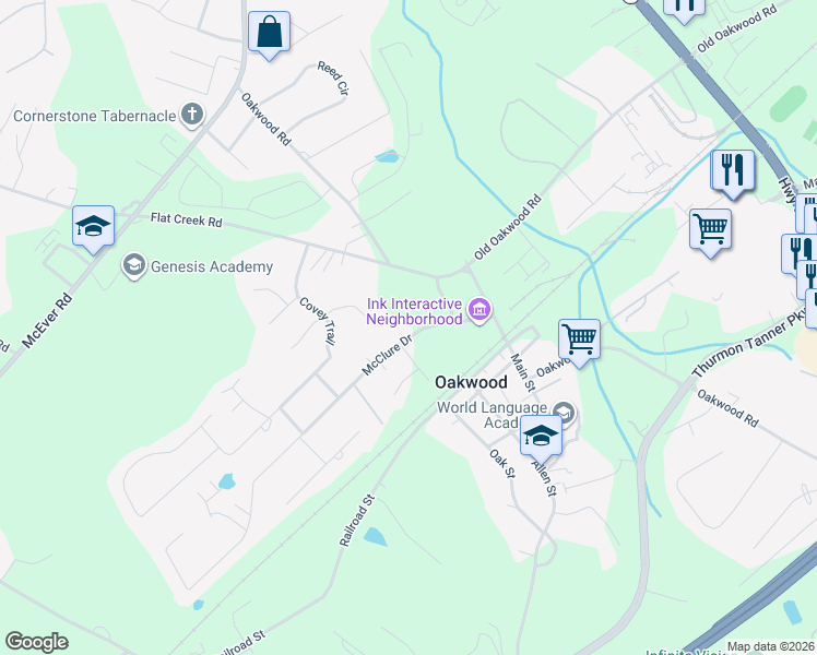 map of restaurants, bars, coffee shops, grocery stores, and more near 3948 McClure Drive in Oakwood