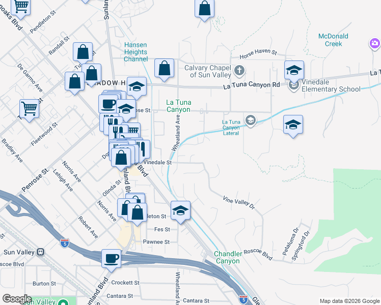 map of restaurants, bars, coffee shops, grocery stores, and more near 8823 Bluffdale Drive in Los Angeles