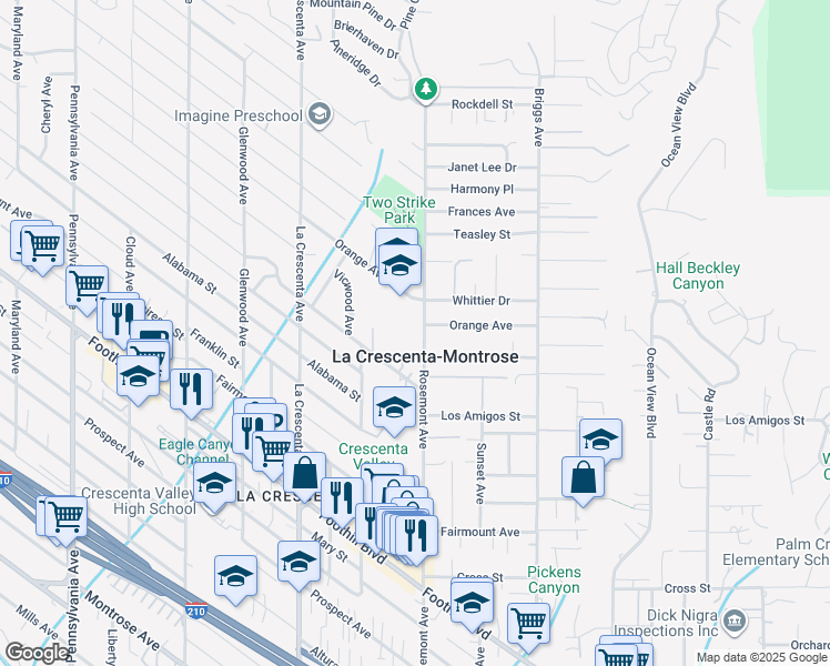 map of restaurants, bars, coffee shops, grocery stores, and more near 2620 Orange Avenue in La Crescenta-Montrose