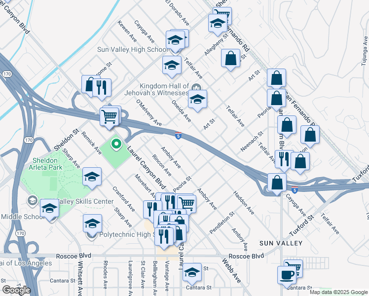 map of restaurants, bars, coffee shops, grocery stores, and more near 12106 Art Street in Los Angeles