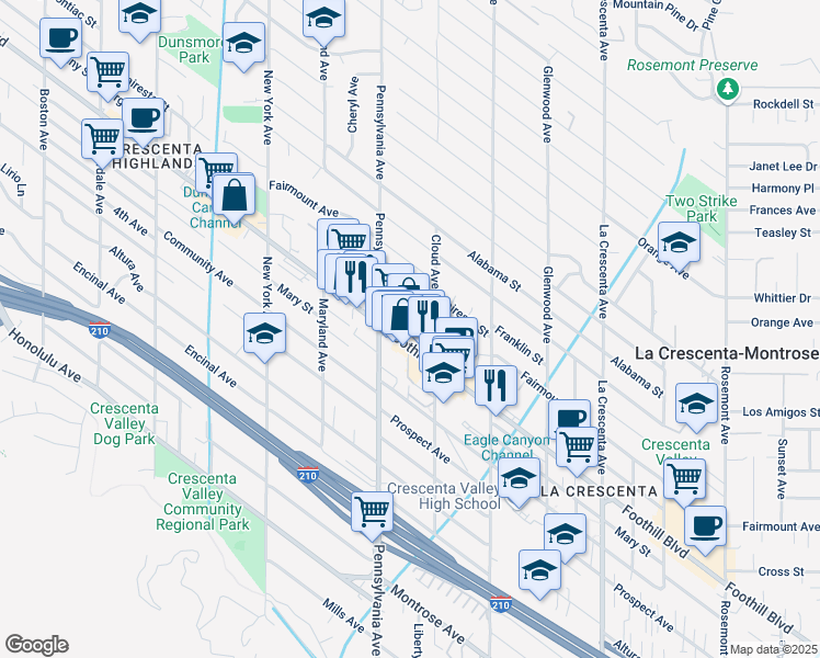 map of restaurants, bars, coffee shops, grocery stores, and more near 3157 Foothill Boulevard in La Crescenta-Montrose