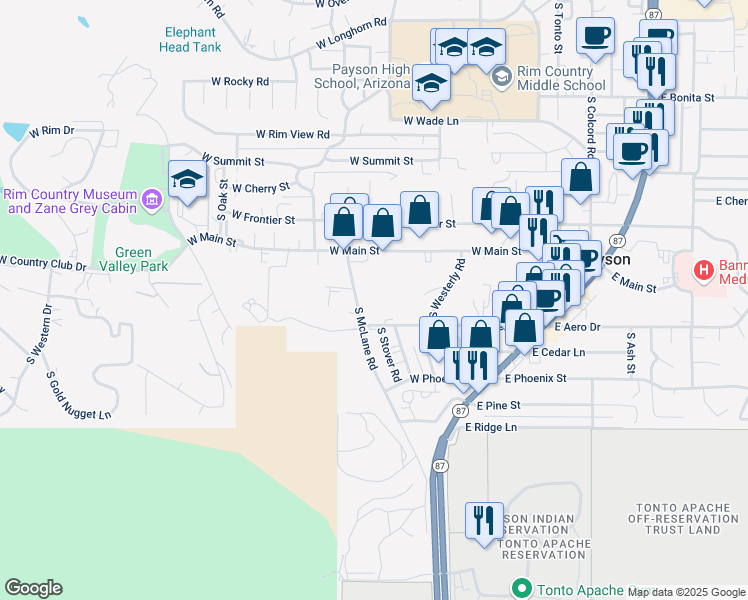 map of restaurants, bars, coffee shops, grocery stores, and more near 900 S Mclane Rd in Payson