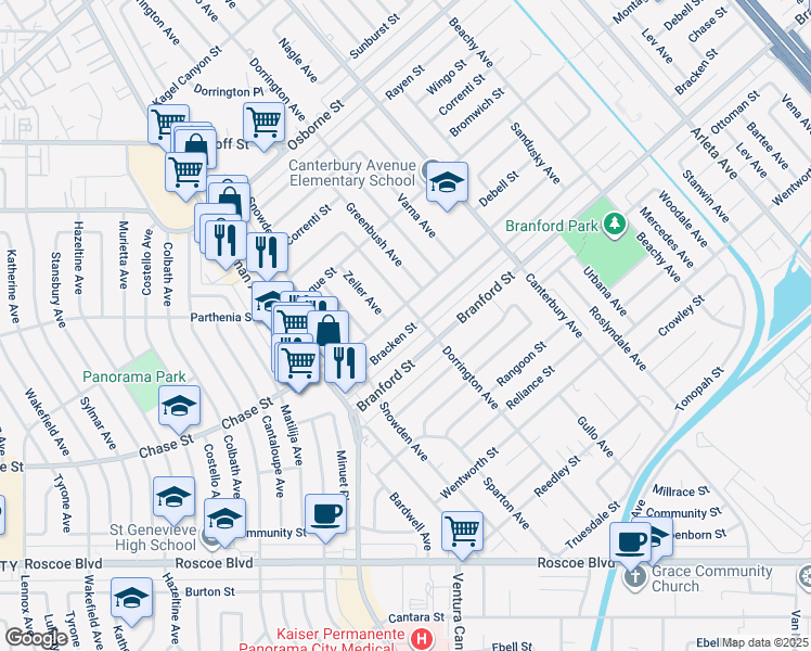 map of restaurants, bars, coffee shops, grocery stores, and more near 13695 Bracken Street in Los Angeles