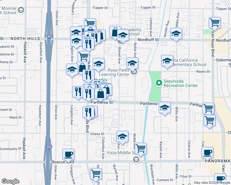 map of restaurants, bars, coffee shops, grocery stores, and more near 8800 Memory Park Avenue in Los Angeles