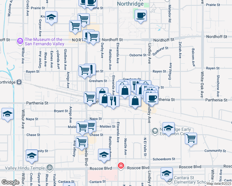 map of restaurants, bars, coffee shops, grocery stores, and more near 8801 Nestle Avenue in Los Angeles