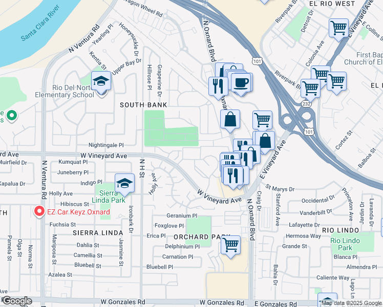 map of restaurants, bars, coffee shops, grocery stores, and more near 619 West Vineyard Avenue in Oxnard