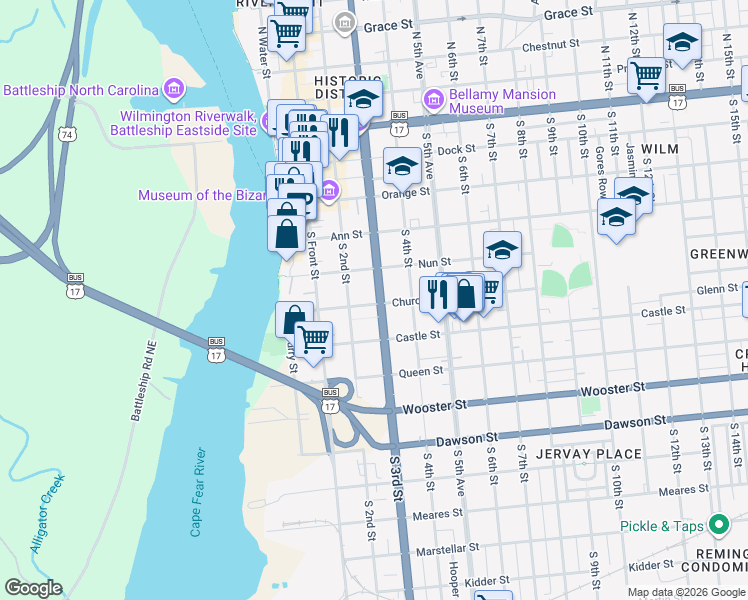 map of restaurants, bars, coffee shops, grocery stores, and more near 412 South 3rd Street in Wilmington