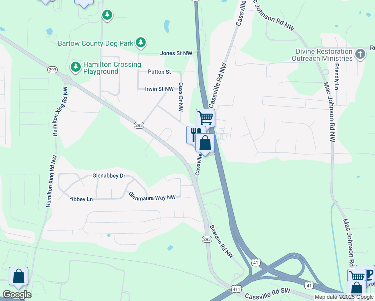 map of restaurants, bars, coffee shops, grocery stores, and more near 54 Kingston Highway Northwest in Cartersville