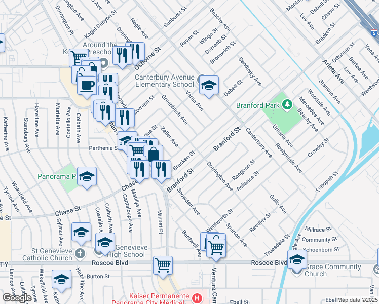 map of restaurants, bars, coffee shops, grocery stores, and more near 13695 Bracken Street in Los Angeles