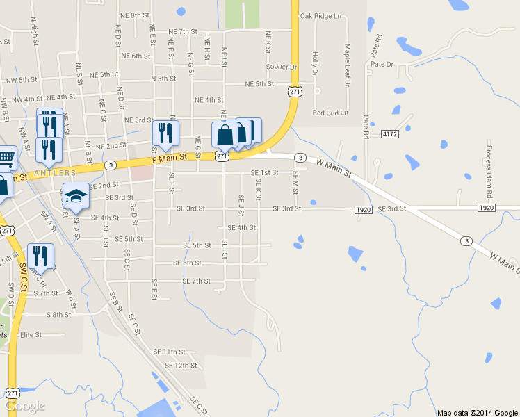 map of restaurants, bars, coffee shops, grocery stores, and more near 1103 Southeast 3rd Street in Antlers