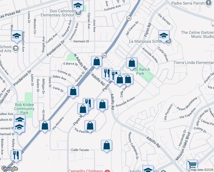map of restaurants, bars, coffee shops, grocery stores, and more near Adolfo Road & Flynn Road in Camarillo