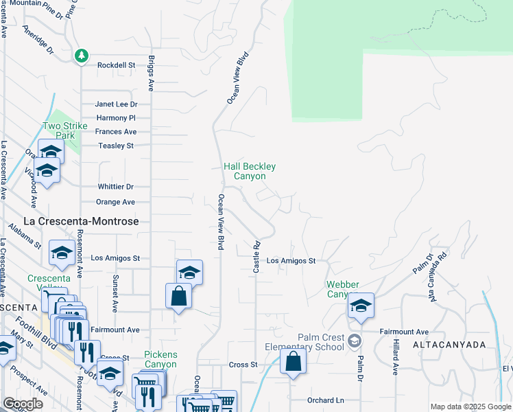 map of restaurants, bars, coffee shops, grocery stores, and more near 5246 Castle Road in La Cañada Flintridge