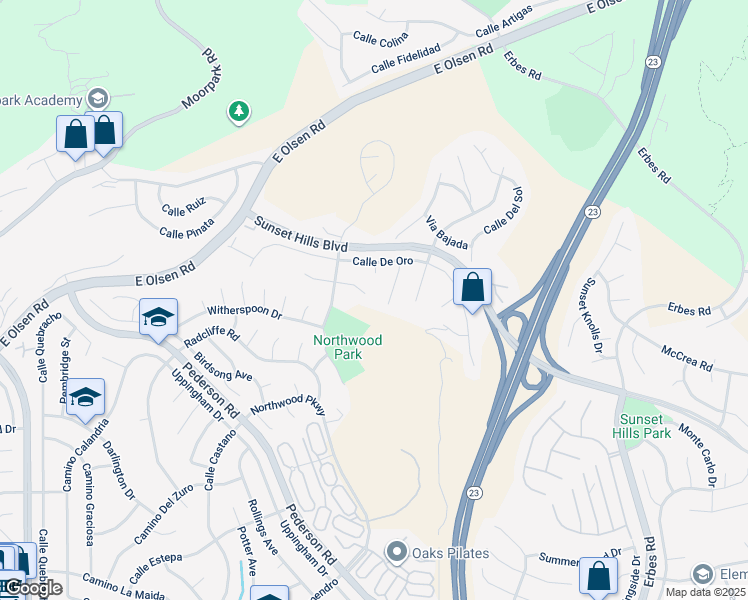 map of restaurants, bars, coffee shops, grocery stores, and more near 1450 Corte De Primavera in Thousand Oaks