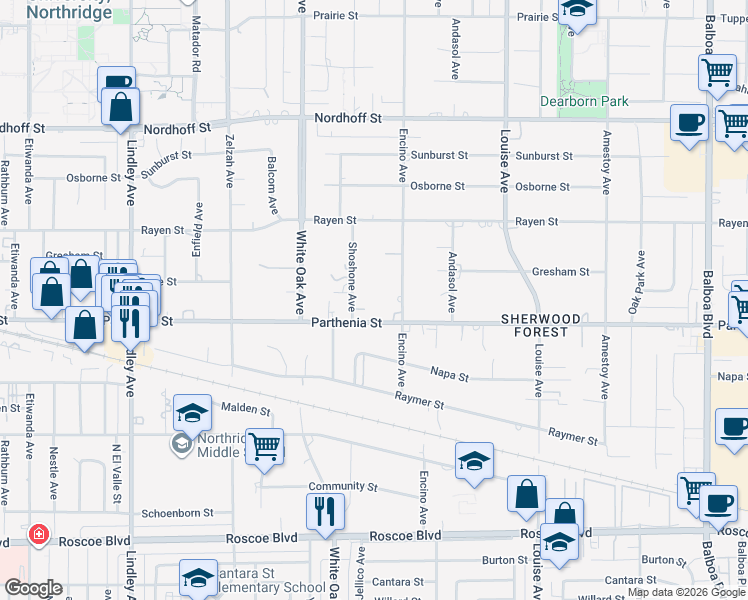 map of restaurants, bars, coffee shops, grocery stores, and more near 17545 Parthenia Street in Los Angeles