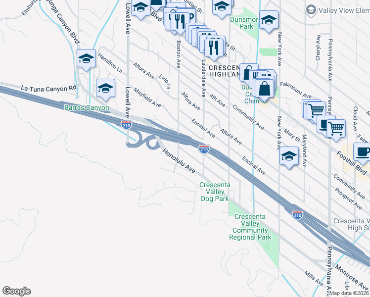 map of restaurants, bars, coffee shops, grocery stores, and more near 3751 Montrose Avenue in Glendale