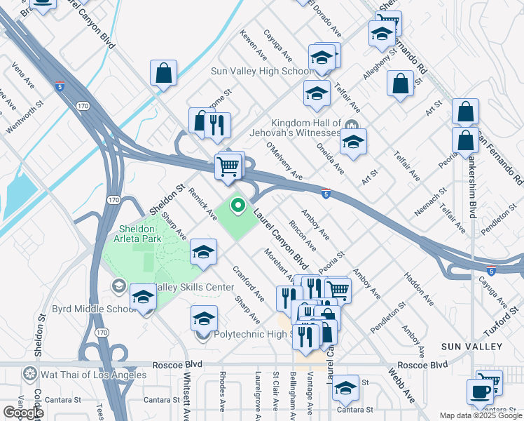 map of restaurants, bars, coffee shops, grocery stores, and more near 8812 Laurel Canyon Boulevard in Los Angeles