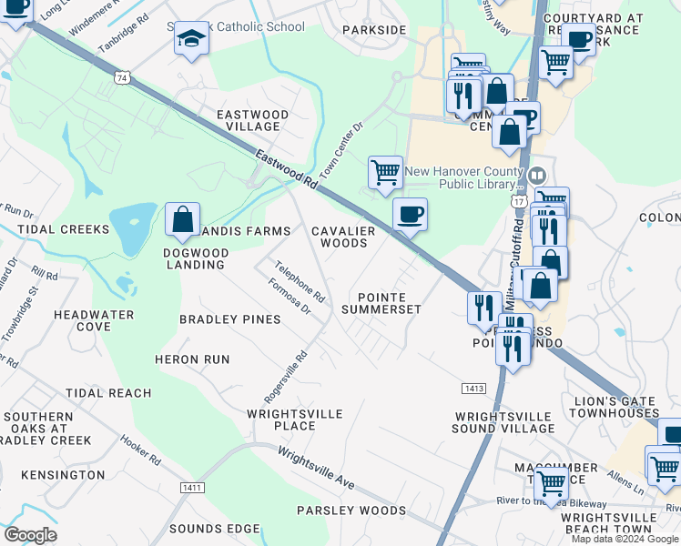 map of restaurants, bars, coffee shops, grocery stores, and more near 246 Rogersville Road in Wilmington