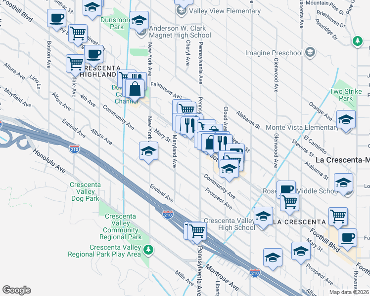 map of restaurants, bars, coffee shops, grocery stores, and more near 3234 Kentucky Place in Glendale