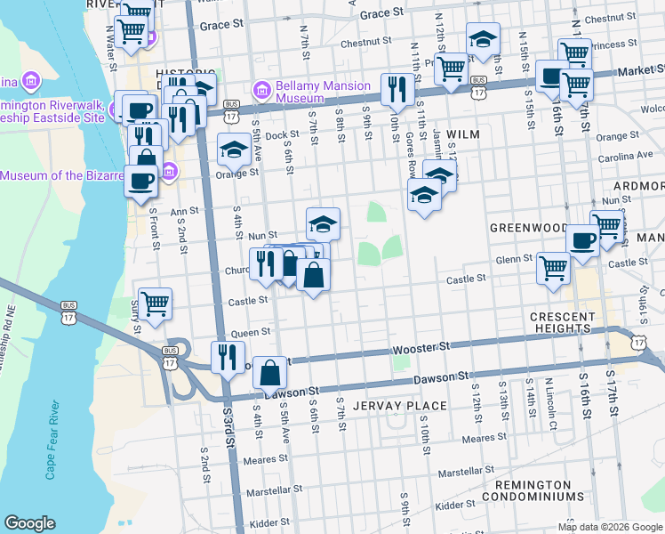 map of restaurants, bars, coffee shops, grocery stores, and more near 503 South 7th Street in Wilmington