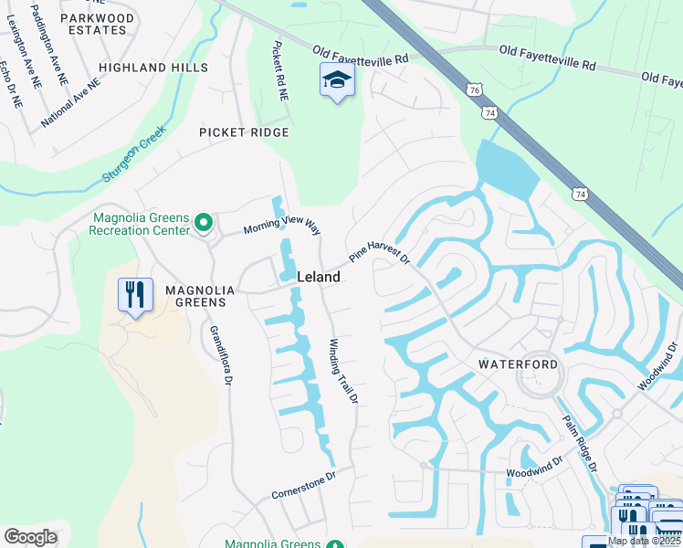 map of restaurants, bars, coffee shops, grocery stores, and more near 1107 Parkmore Court in Leland