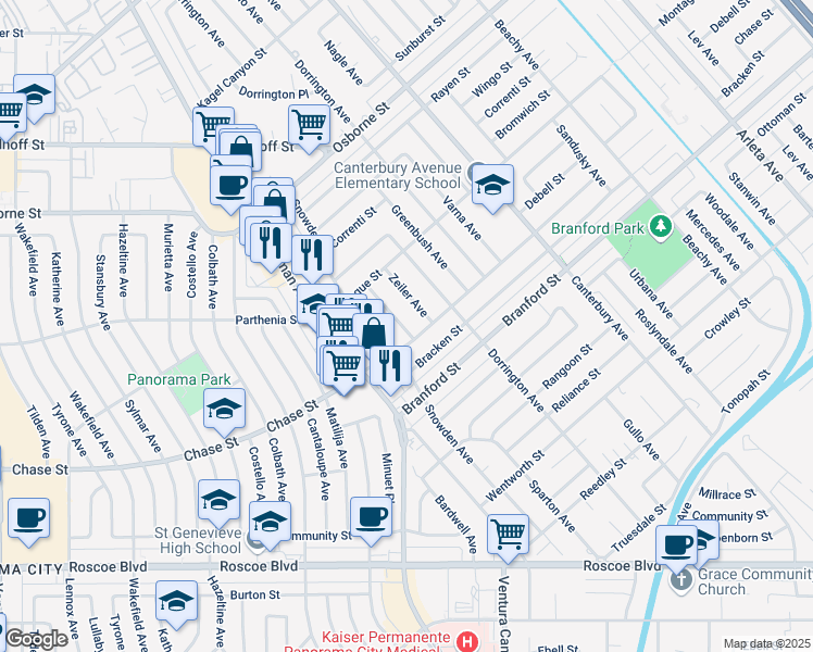 map of restaurants, bars, coffee shops, grocery stores, and more near 8823 Zeiler Avenue in Los Angeles